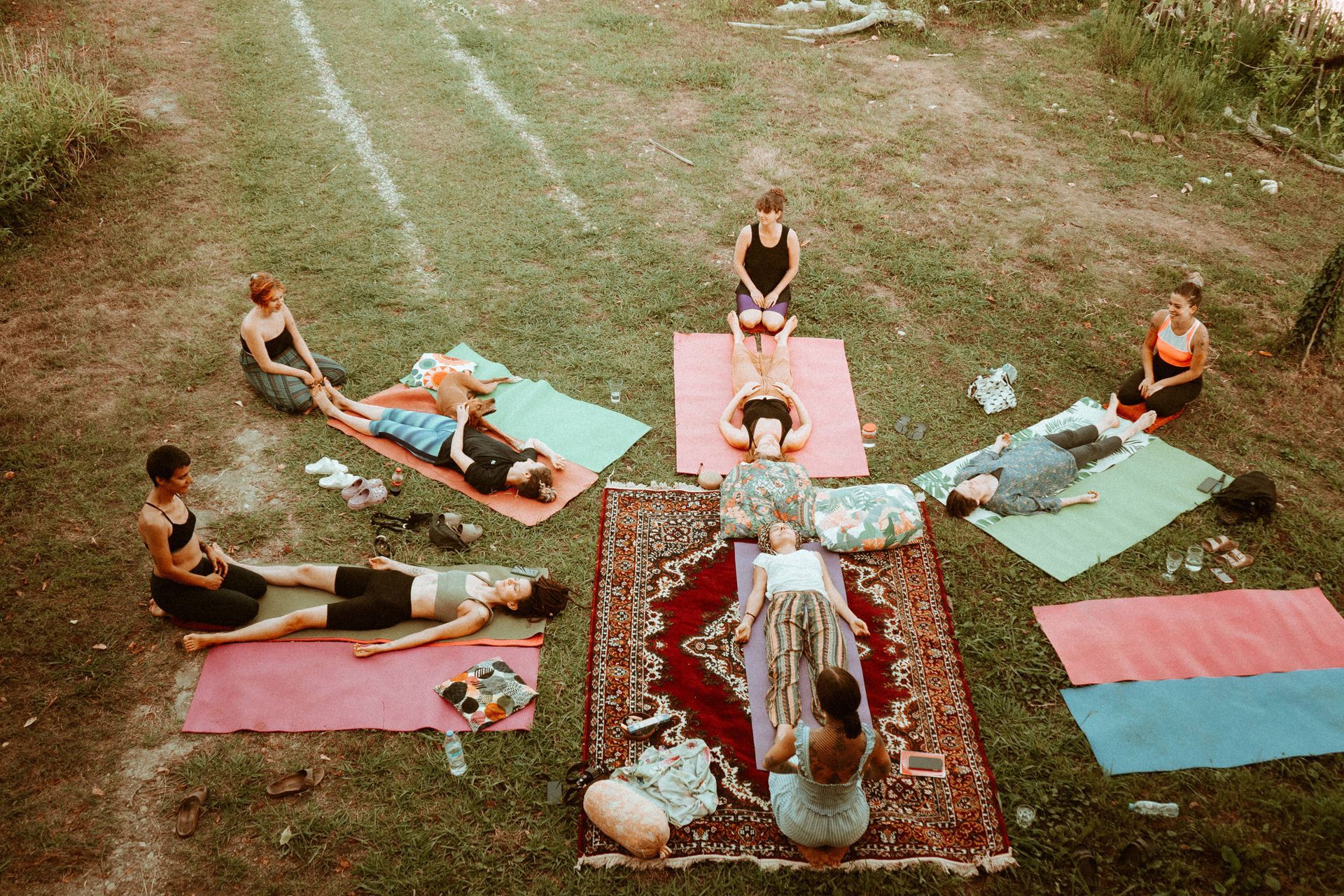 People practicing yoga on mats on a grassy field, with one person centered on an ornate rug, captured from above.