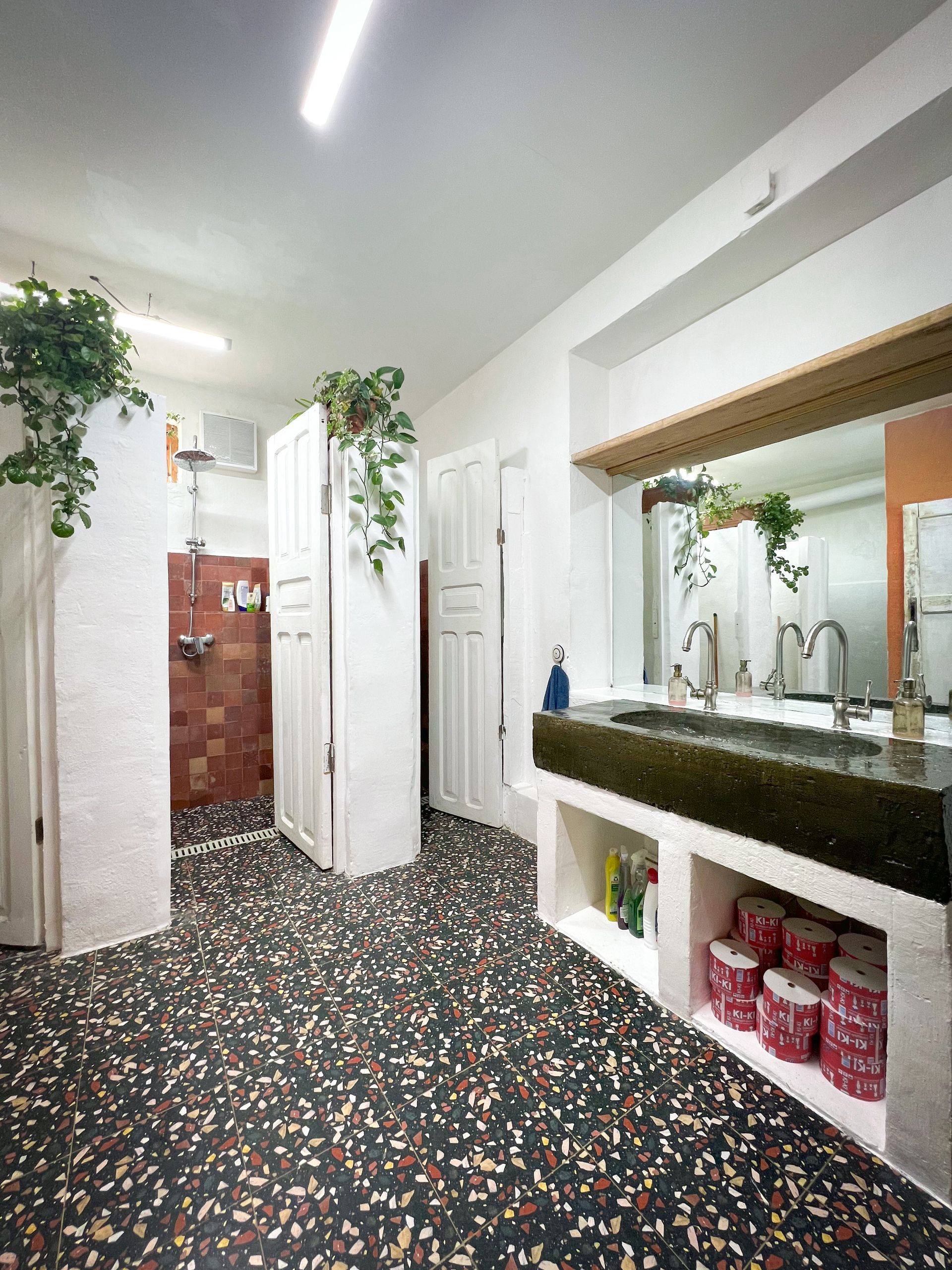 A bathroom with black terrazzo floors, a stone double sink, a tiled shower enclosure, and potted trailing plants.