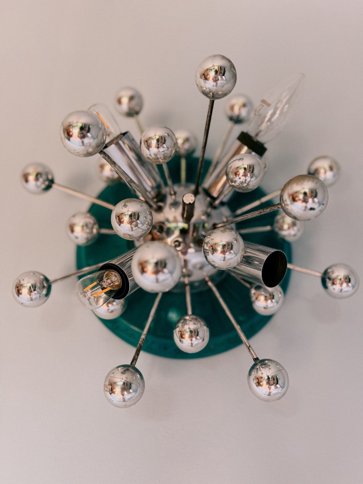 A vintage sputnik chandelier with chrome spheres.